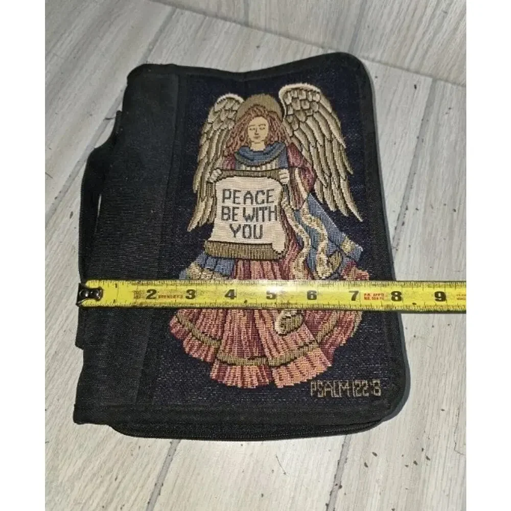 Vtg Zondervan Bible Cover Angel Tapestry Zippered Case Carrier W/ Handle